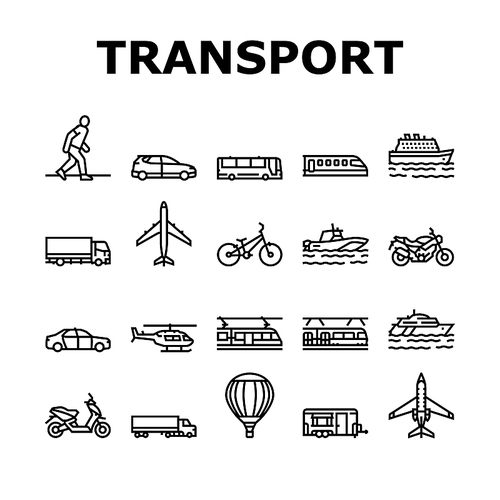 Transport For Riding And Flying Icons Set Vector. Train And Car, Bus And Motorcycle, Air Balloon And Aircraft Transport Line. Cargo Truck And Helicopter, Subway Metro Tram Black Contour Illustrations