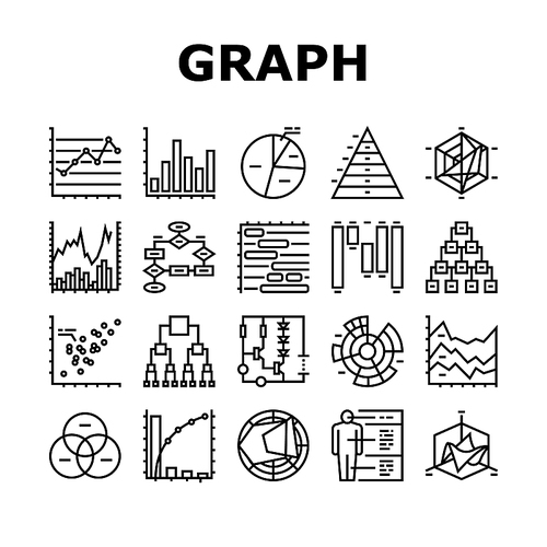 Graph For Analyzing And Research Icons Set Vector. Hierarchy And Binary Decision Diagram, Bar And Line Graph, Radar And Stacked Area Chart Line. Pareto And Venn Infographic Black Contour Illustrations