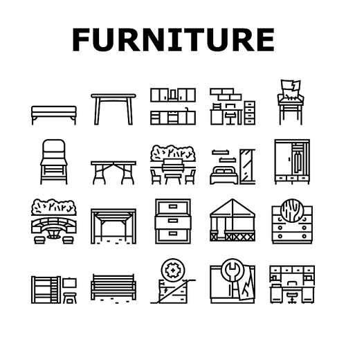 Furniture For Home And Backyard Icons Set Vector. Dinning And Folding Table, Kitchen And Bedroom Furniture, Wardrobe And Cabinet, Repair Old Broken Chair And Bench Line. Black Contour Illustrations