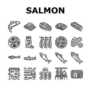 Salmon Fish Delicious Seafood Icons Set Vector. Sashimi And Salmon Fillet Steak, Fresh And Cooked Dish Sea Food, Caviar And Oil Line. Plant Processing And Farming Black Contour Illustrations