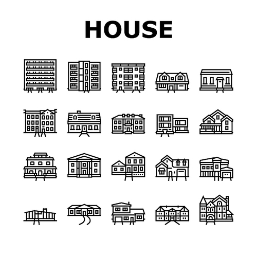 House Architectural Exterior Icons Set Vector. Cape Cod And Condo, Greek Revival And Victorian House, Apartment And Craftsman Building, Ranch And Farmhouse Line. Black Contour Illustrations