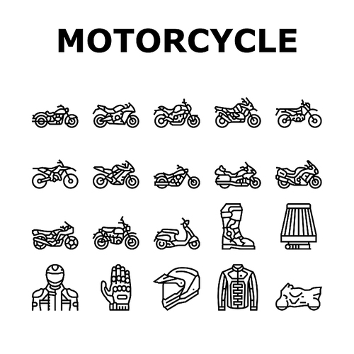 Motorcycle Bike Transport Types Icons Set Vector. Dirtbike And Cruiser, Dual Sport Enduros And Chopper, Sportbike And Electric Motorcycle Line. Rider Jacket And Helmet Black Contour Illustrations