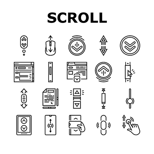 Scroll Computer Mouse Cursor Icons Set Vector. Mobile And Web Page Scroll, Page Navigation And Screen, Button Click And Gesture Hand Line. Scrolling And Clicking Black Contour Illustrations