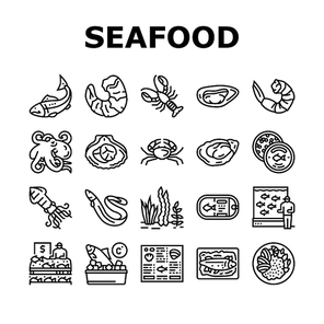 Seafood Cooked Food Dish Menu Icons Set Vector. Shrimp And Shellfish, Oyster And Fish, Crab And Scallops Delicious Seafood Line. Caviar And Octopus, Lobster And Squid Black Contour Illustrations