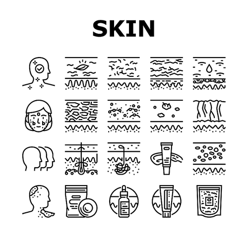 Skin Care Cosmetology And Treat Icons Set Vector. Allergy And Normal Skin Moisturizing With Cream And Patch Cosmetic Accessories Line. Colloidal Oatmeal And Sebum Black Contour Illustrations