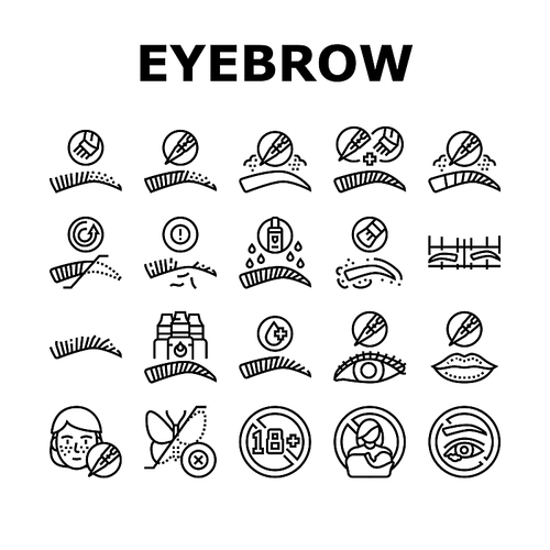 Eyebrow Tattoo Beauty Procedure Icons Set Vector. Eyebrow Tattoo And Correction, Nano And Ombre Brows Line. Prepare For Treatment And Eyeliner, Cosmetology Salon Service Black Contour Illustrations