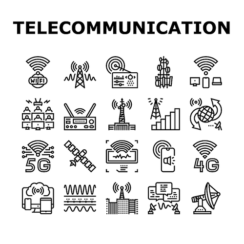 Telecommunication Technology Icons Set Vector. Telecommunication Tower And Antenna, Analog Transmitter And Connection Devices, Internet Network For Broadcasting Line. Black Contour Illustrations