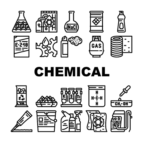 Chemical Industry Production Icons Set Vector. Specialty Chemical Liquid In Barrel And Industrial Oil, Rubber Roll And Organic Solvent, Gas Cylinder And Laboratory Glass Black Contour Illustrations