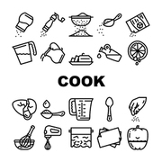 Cook Instruction For Prepare Food Icons Set Vector. Pepper And Salt, Milk And Sugar Add, Adding Olive Oil And Water In Dish, Lemon Juice And Spice Cook Instruction Black Contour Illustrations