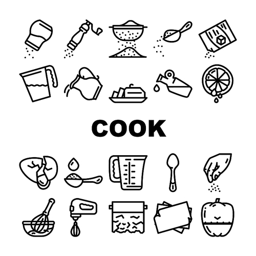 Cook Instruction For Prepare Food Icons Set Vector. Pepper And Salt, Milk And Sugar Add, Adding Olive Oil And Water In Dish, Lemon Juice And Spice Cook Instruction Black Contour Illustrations