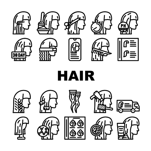 Hair Salon Hairstyle Service Icons Set Vector. Hair Painting And Cutting, Straightening And Braiding, Balancing Ph Of Scalp Departure Of Specialist . Thermo Wrap And Curler Black Contour Illustrations