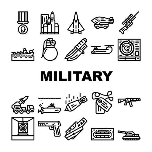 Military Weapon And Transport Icons Set Vector. Military Nuclear Bomb And Missile Rocket, Mine And Bullet, Radar Technology And Knife, Tank And Fighter Airplane Black Contour Illustrations