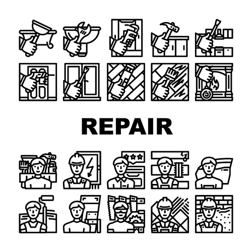 Repair And Maintenance Service Icons Set Vector. Shower Tray And Sink Repair, Kitchen Worktop And Unit, Fireplace And Wood Floor Scratch Line. Repairman Repairing Black Contour Illustrations