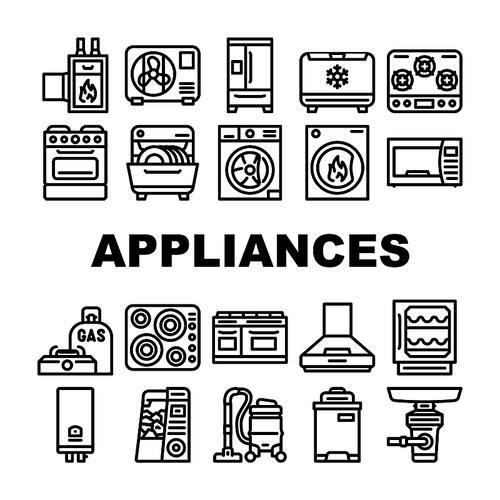 Appliances Domestic Technology Icons Set Vector. Refrigerator And Freezer Kitchen Appliance, Oven And Stove, Washer And Dryer Electronic Household Equipment Black Contour Illustrations
