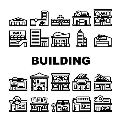 Building Construction Exterior Icons Set Vector. Shopping And Commercial Center Skyscraper, Seafood Sushi Restaurant, Cinema Night Club Building Line. Coffee Shop And Cafe Black Contour Illustrations