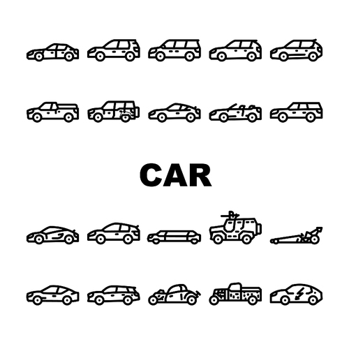 Car Transport Different Body Type Icons Set Vector. Hatchback And Sedan, Mpv Minivan And Cuv Crossover, Limousine And Sportscar, Grand Tourer And Suv Vehicle Car Black Contour Illustrations