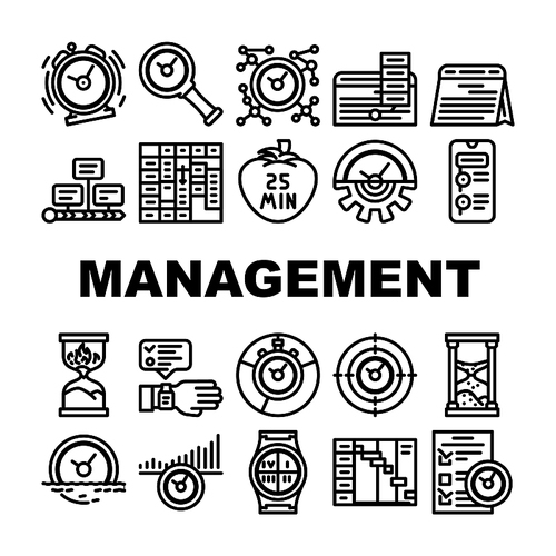 Time Management And Planning Icons Set Vector. Timeline And Check List For Time Management And Plan, Stop Watch And Calendar Accessory . Project Deadline And Managing Tasks Black Contour Illustrations