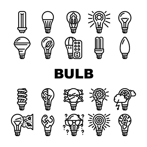 Bulb Lighting Electric Accessory Icons Set Vector. Fluorescent And Halogen Light Bulb, Led And Energy Save Electricity Equipment Line. Electrical Innovation Technology Black Contour Illustrations