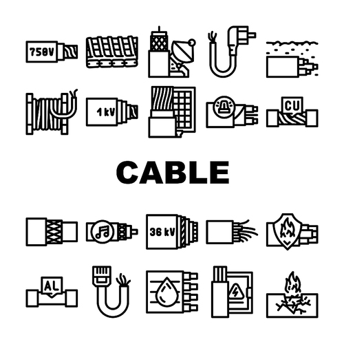 Cable Wire Electrical System Icons Set Vector. Optic And Internet Cable Wire, Fire Resistance And Audio, Aluminum And Copper Line. Low, Medium And High Voltage Cord Black Contour Illustrations