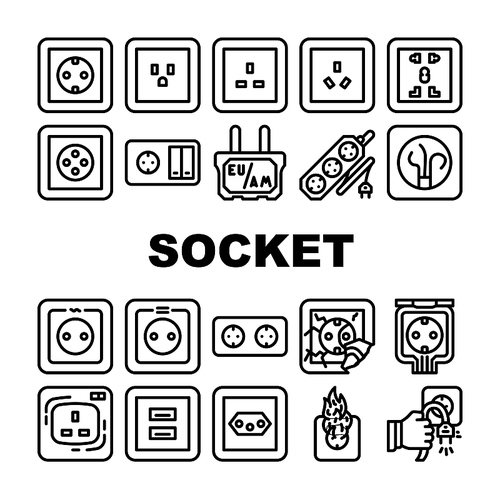 Socket Power Electrical Accessory Icons Set Vector. American And European, Australia And Universal Waterproof Socket Line. Damaged And Burning Electricity Connector Black Contour Illustrations