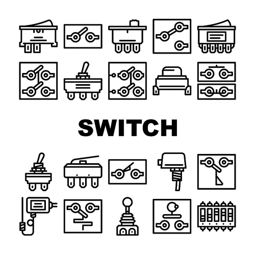 Switch Electricity Accessory Icons Set Vector. Double Pole Single Throw Switch And Electronic Mechanism Line. Joystick And Temperature Measuring Electrical Device Black Contour Illustrations