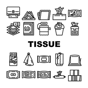 Tissue Paper And Napkin Package Icons Set Vector. Towel Dispenser And Container, Hygienic Accessory Packaging And Box Line, Tissue For Cutlery And Medical Wipes. Black Contour Illustrations