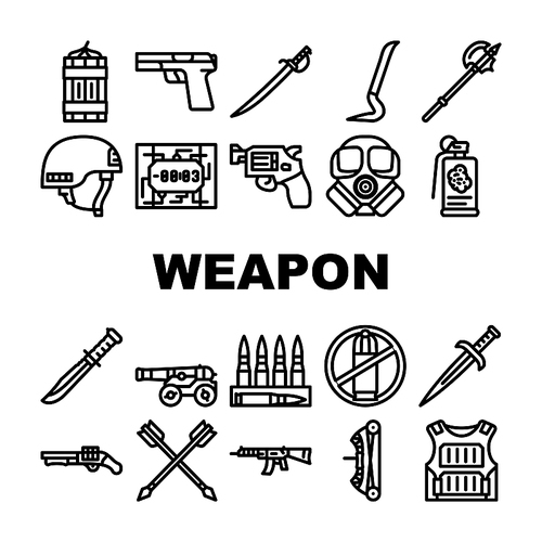 Weapon Military Army Equipment Icons Set Vector. Bow And Arrow For Aiming, Revolver And Handgun, Rifle And Gun Weapon, Bullet Helmet Line. Knife Sword, Grenade And Dynamite Black Contour Illustrations