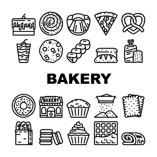 Bakery Delicious Dessert Food Icons Set Vector. Bakery Pretzel And Cake Pie With Cherry And Cream, Creamy Muffin And Donut, Pastry Bun And Bread Toast Black Contour Illustrations