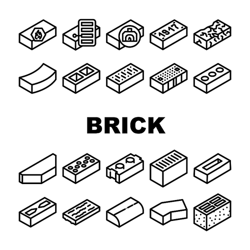 Brick For Building Construction Icons Set Vector. Refractory And Defective Brick, Handmade And Facing Of Building Exterior, Old Damaged Line. Cement And Silicate Material Black Contour Illustrations