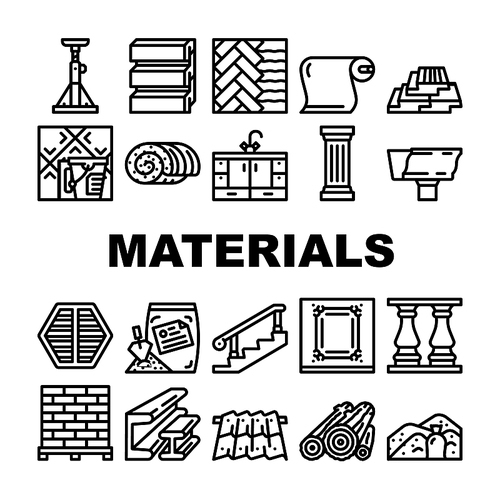 Building Materials And Supplies Icons Set Vector. Brick And Sand, Lumber And Plywood, Flooring And Roof Building Materials Line. Kitchen And Bath Cabinets Furniture Black Contour Illustrations