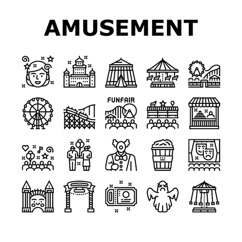 Amusement Park Entertainment Icons Set Vector. Amusement Park Rollercoaster Attraction And Swing Carousel, Circus Clown Spectacle And Festival Black Contour Illustrations