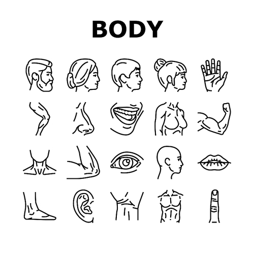 Body And Facial People Parts Icons Set Vector. Female And Male, Kid And Adult Face, Wrist And Arm Muscle, Breast And Leg Human Body Line. Lip And Nose, Eyebrow And Eye Black Contour Illustrations
