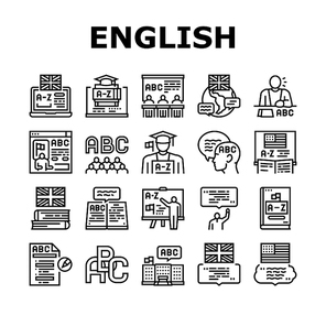 English Language Learn At School Icons Set Vector. British And American English Student Learning In College, University Or Online Course Line. Dictionary And Alphabet Abc Black Contour Illustrations