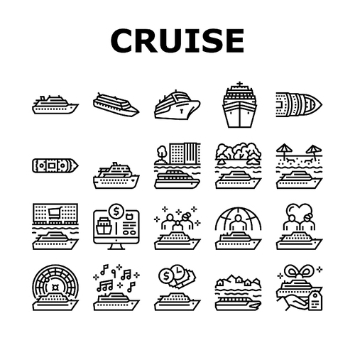 Cruise Ship Vacation Enjoyment Icons Set Vector. Cruise Casino And Music Themed, Liner Transport For Voyage On River And In Ocean, Tropical And Caribbean Marine Trip Black Contour Illustrations