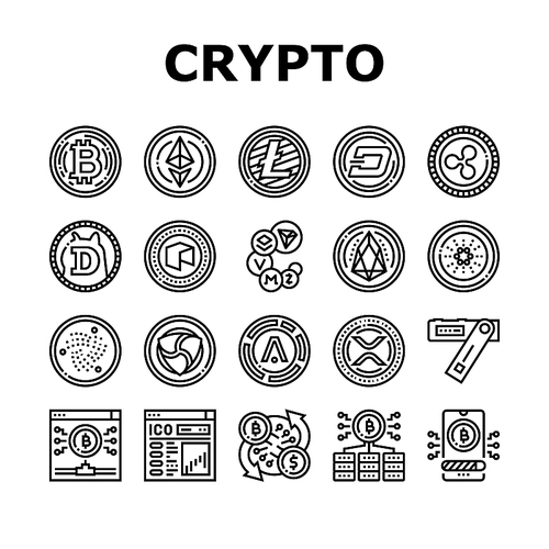 Cryptocurrency Digital Money Icons Set Vector. Bitcoin And Litecoin, Dogecoin And Xrp, Aion And Iota Cryptocurrency Line. Mining Eos And Ethereum Electronic Devices Black Contour Illustrations
