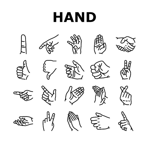 Hand Gesture And Gesticulate Icons Set Vector. Attention And Pointer Hand Gesture, Thumb Up And Down, Touch With Finger And Handshake, Gesturing Love And Peace Black Contour Illustrations