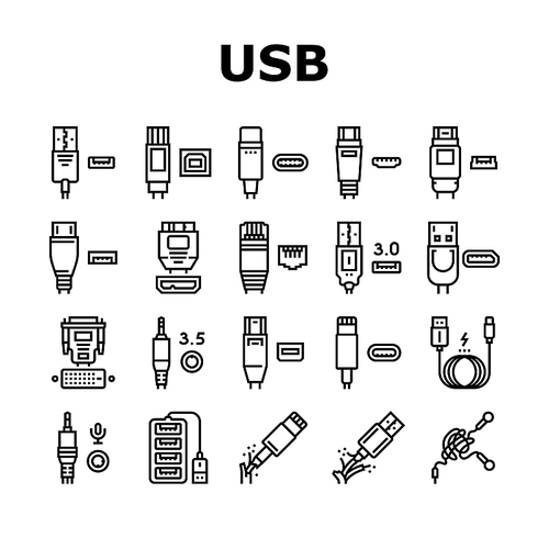 Usb Cable And Port Purchases Icons Set Vector. 3.0 Usb Cable And Dp Displayport, Tangle Earphone And Hub, Thunderbolt And Charger, Mini Jack And Microphone Black Contour Illustrations