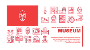 Museum Exhibits And Excursion Landing Web Page Header Banner Template Vector. Museum Cctv And Audio Guide, Coins And Skull, Dinosaur Egg And Meteorite, Statue And Pottery Illustration