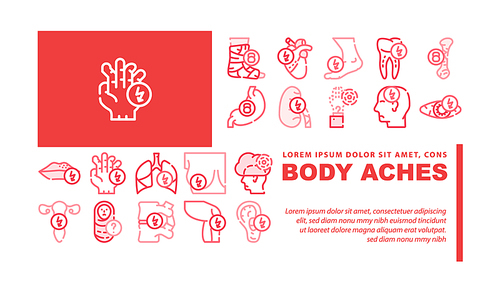 Body Aches Problem Landing Web Page Header Banner Template Vector. Heart And Teeth, Bone And Eye, Chest And Uterus, Leg And Fingers Sharp And Unknown Pain Illustration