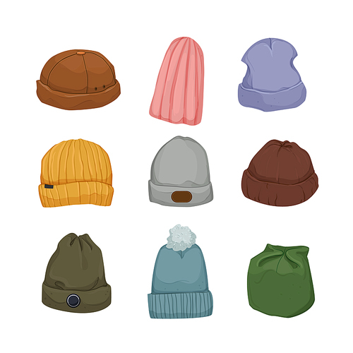 beanie hat cap, mockup knit, winter clothes, wool fashion, cold style cartoon icons set vector illustrations