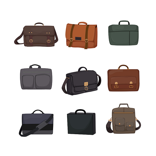 briefcase man, business bag, leather work case, office suitcase cartoon icons set vector illustrations