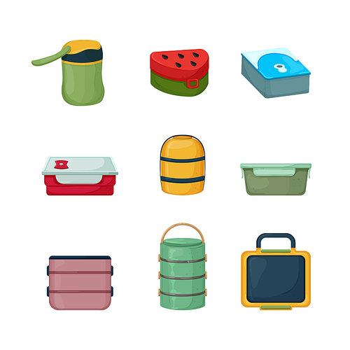 lunch food box, school lunchbox, healthy sandwich, snack meal, plastic bag cartoon icons set vector illustrations