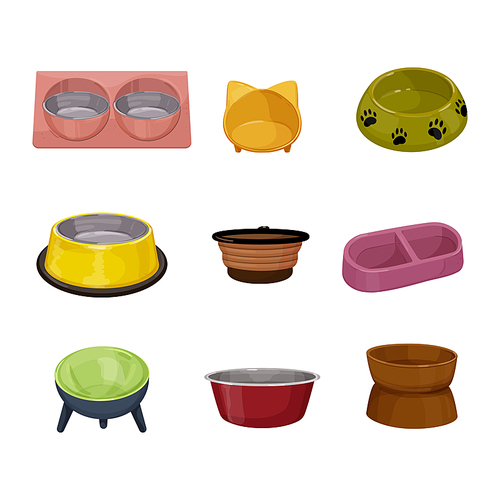 bowl pet food, dog and cat, animal feed, empty plate, dish cartoon icons set vector illustrations