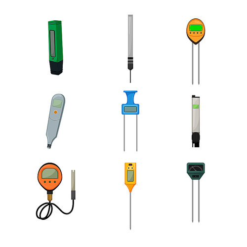 ph meter water test, acid scale, soil value, laboratory measure cartoon icons set vector illustrations