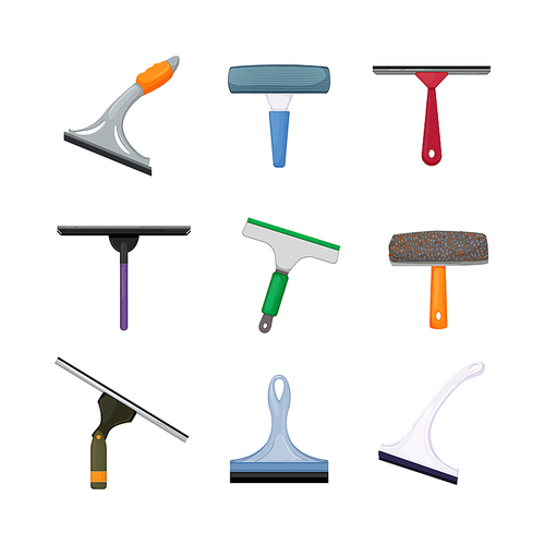 squeegee glass, window cleaner, wipe clean, washer home cartoon icons set vector illustrations