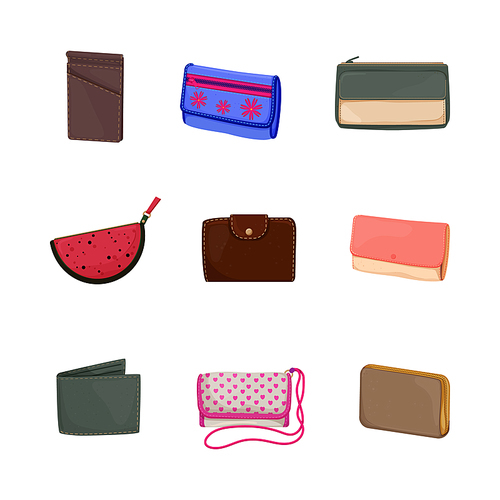 wallet money, coin finance, bank cash, business purse cartoon icons set vector illustrations