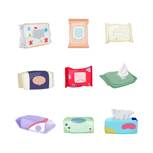 wipe wet, tissue package, hand pack, baby towel, pouch napkin cartoon icons set vector illustrations