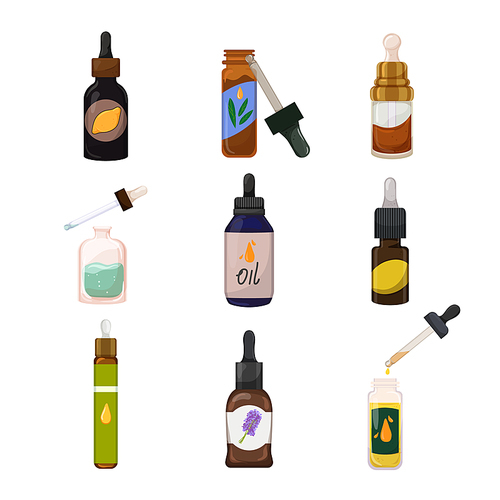 fragrance oil essential bottle, aromatherapy cosmetic, glass essence, beauty drop cartoon icons set vector illustrations