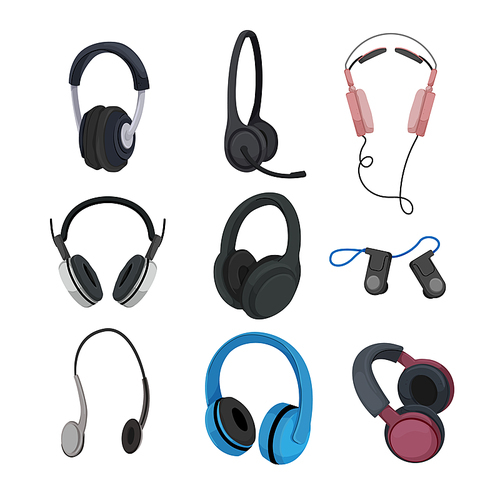 headset music headphone, sound earphone, dj audio speaker, ear head listen cartoon icons set vector illustrations