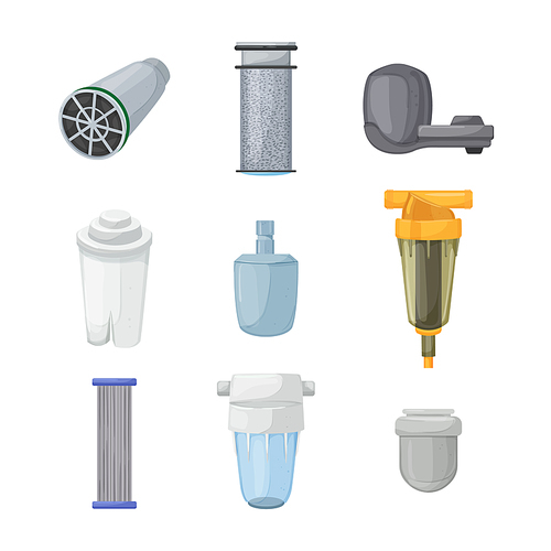 water filter filtration system, home purification, clean tap, glass drink, kitchen tank cartoon icons set vector illustrations